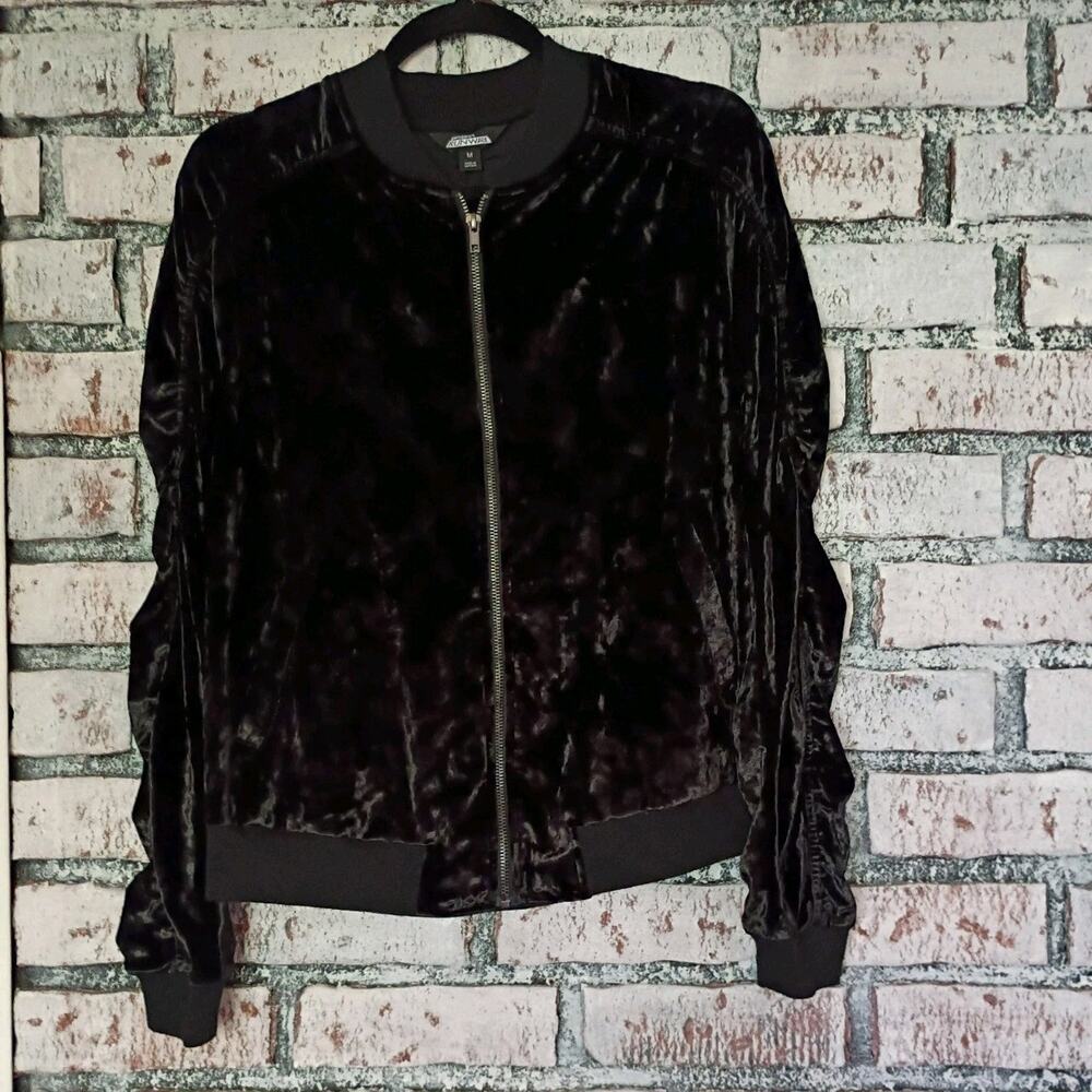 Black Crushed Velvet Bomber Jacket Womens Size M Full Zip Project Runway